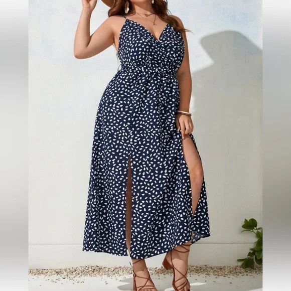SHEIN Allover Print Split Thigh Belted Dress Navy Blue SHEIN Allover Print Split Thigh Belted Dress Navy Blue